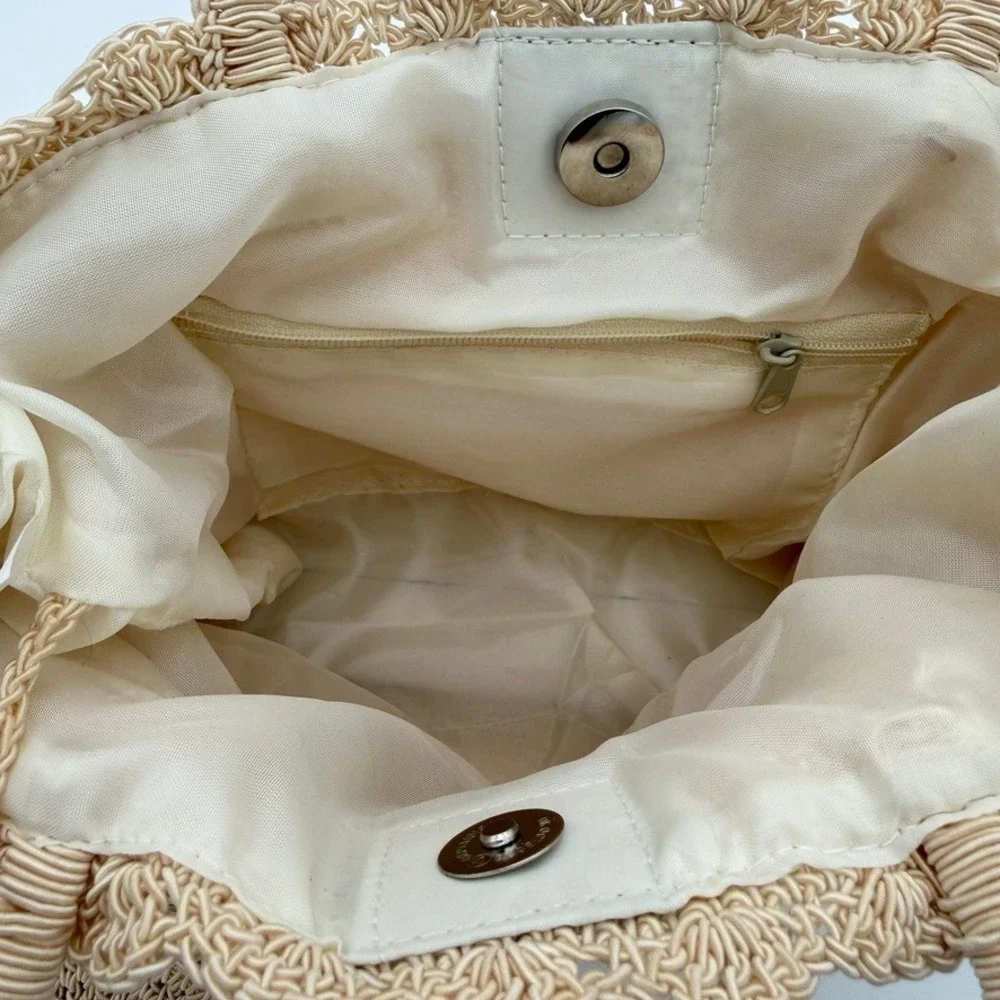 Crochet Straw Tote Bag Beige Woven Top‎ Handle Purse Coin Pouch Boho Summer